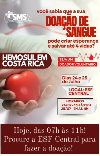 Imagem da notícia Hemosul de Costa Rica realiza campanha de doação de sangue no  ESF Central